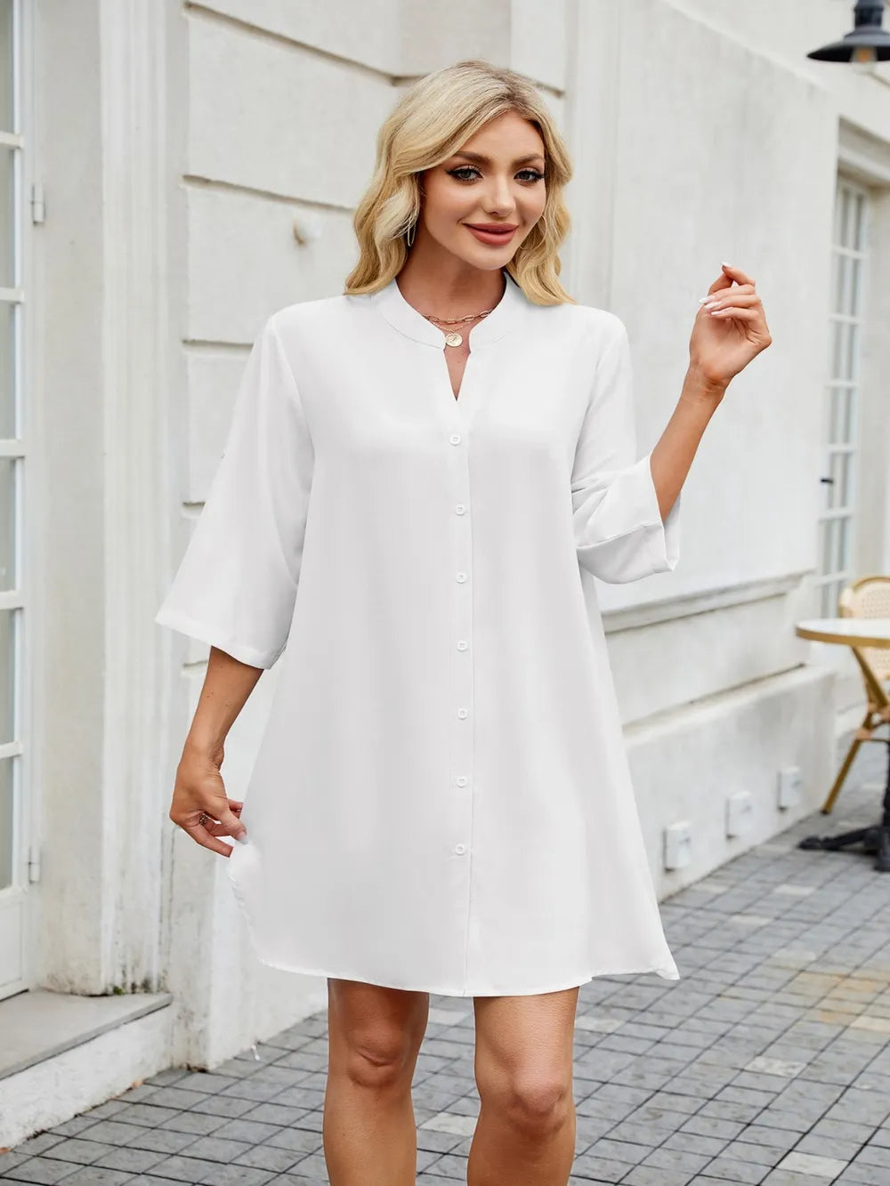 Notched Long Sleeve Mini Shirt Dress