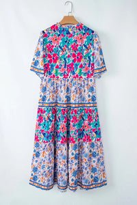 Mixed Floral Print Tie Neck Short Sleeve Dress