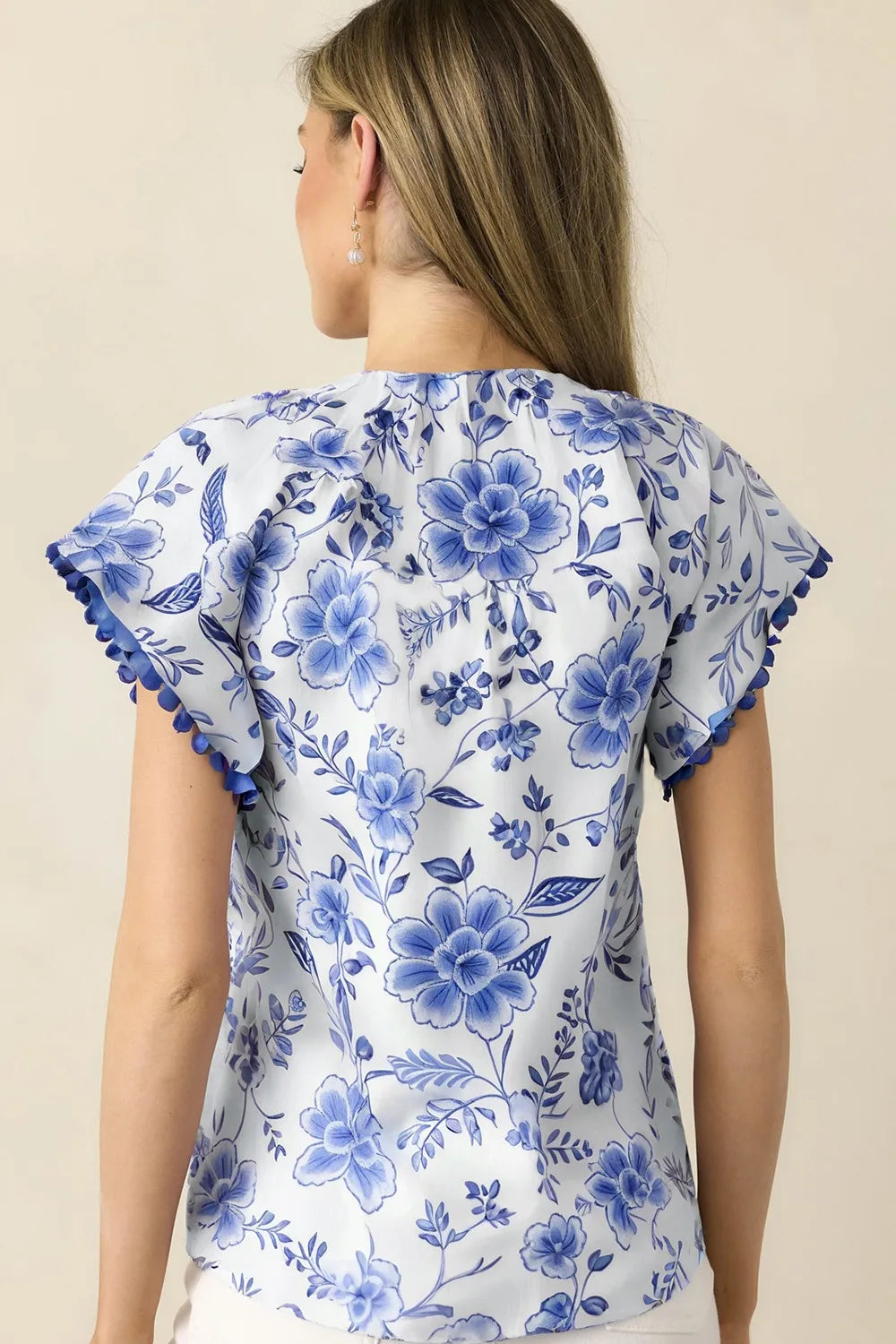 Floral Print Ricrac Trim Short Sleeve Blouse