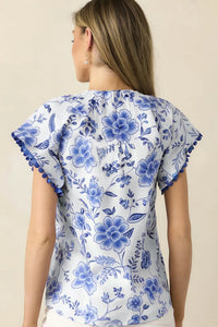 Floral Print Ricrac Trim Short Sleeve Blouse