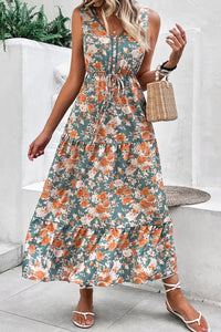 Floral Print Trimmed V Neck Tie Waist Sleeveless Dress