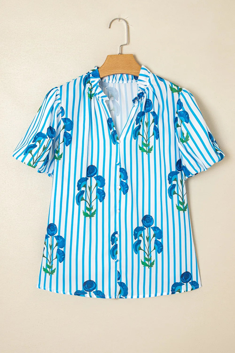 Stripe Floral Notched Neck Puff Sleeve Summer Blouse