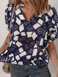 Abstract Print Frilled Puff Sleeve V Neck Blouse