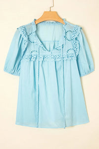 Eyelet Lace Trim Puff Sleeve Blouse