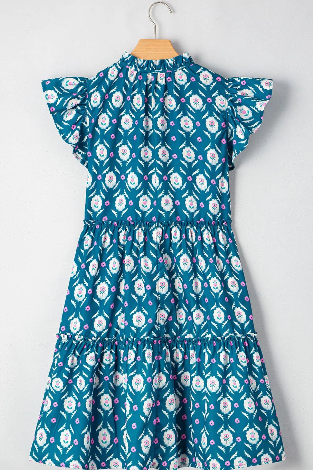 Printed Tie Neck Ruffled Cap Sleeve Dress