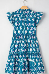 Printed Tie Neck Ruffled Cap Sleeve Dress