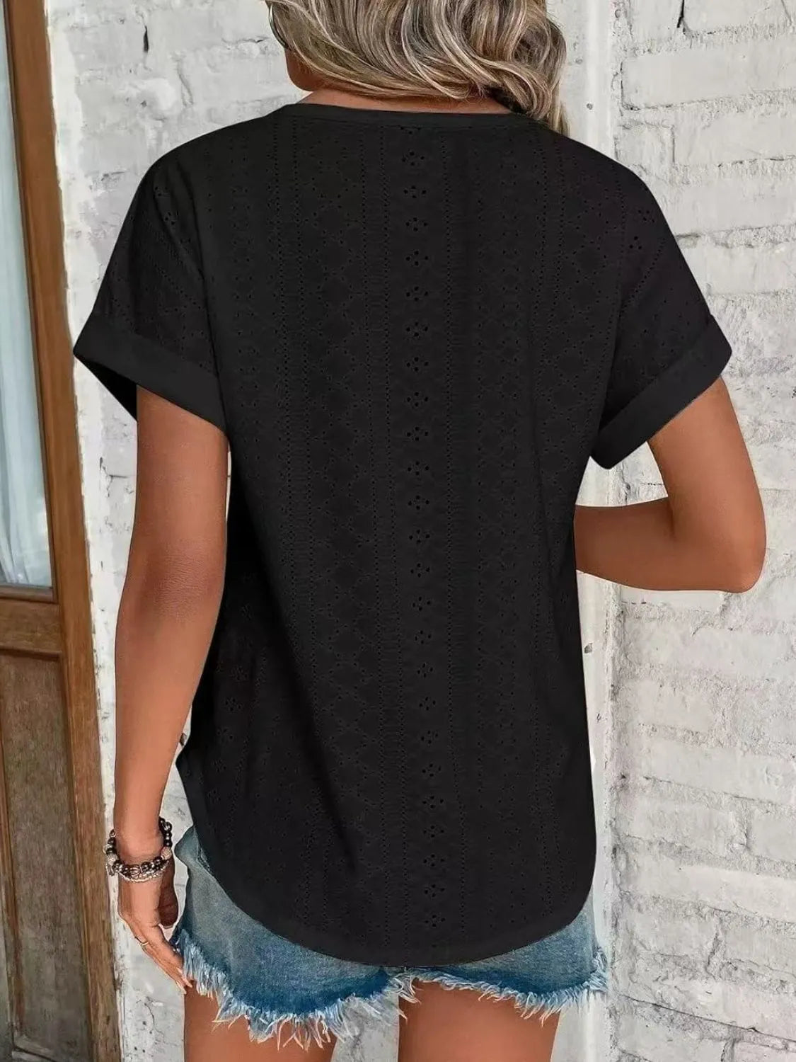 Eyelet Round Neck Short Sleeve T-Shirt