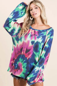 BiBi Tie Dye Print Terry Top with Puff Sleeves