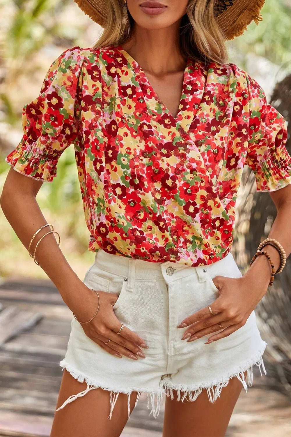 Floral Print Puff Sleeve Surplice Blouse