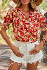 Floral Print Puff Sleeve Surplice Blouse