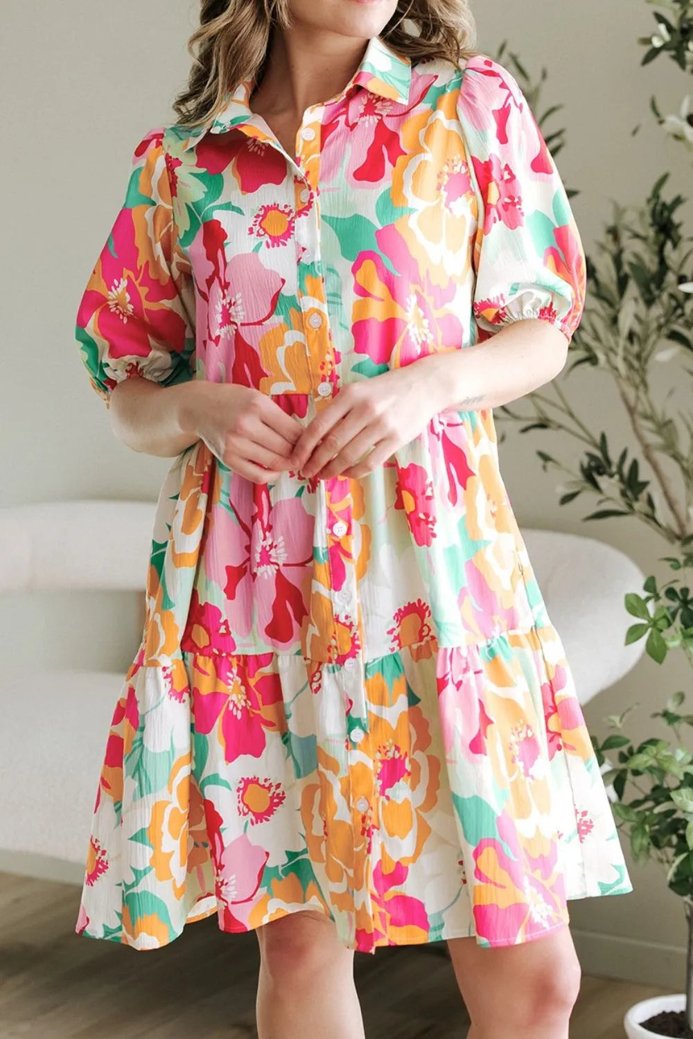 Button Down Floral Puff Sleeve Babydoll Dress