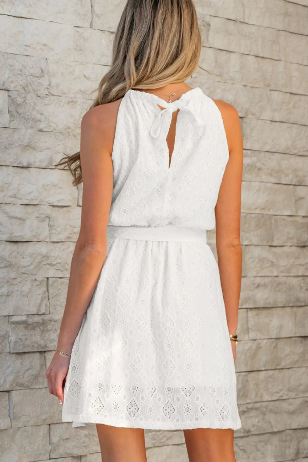 Lace Sleeveless Tied Waist Mini Dress