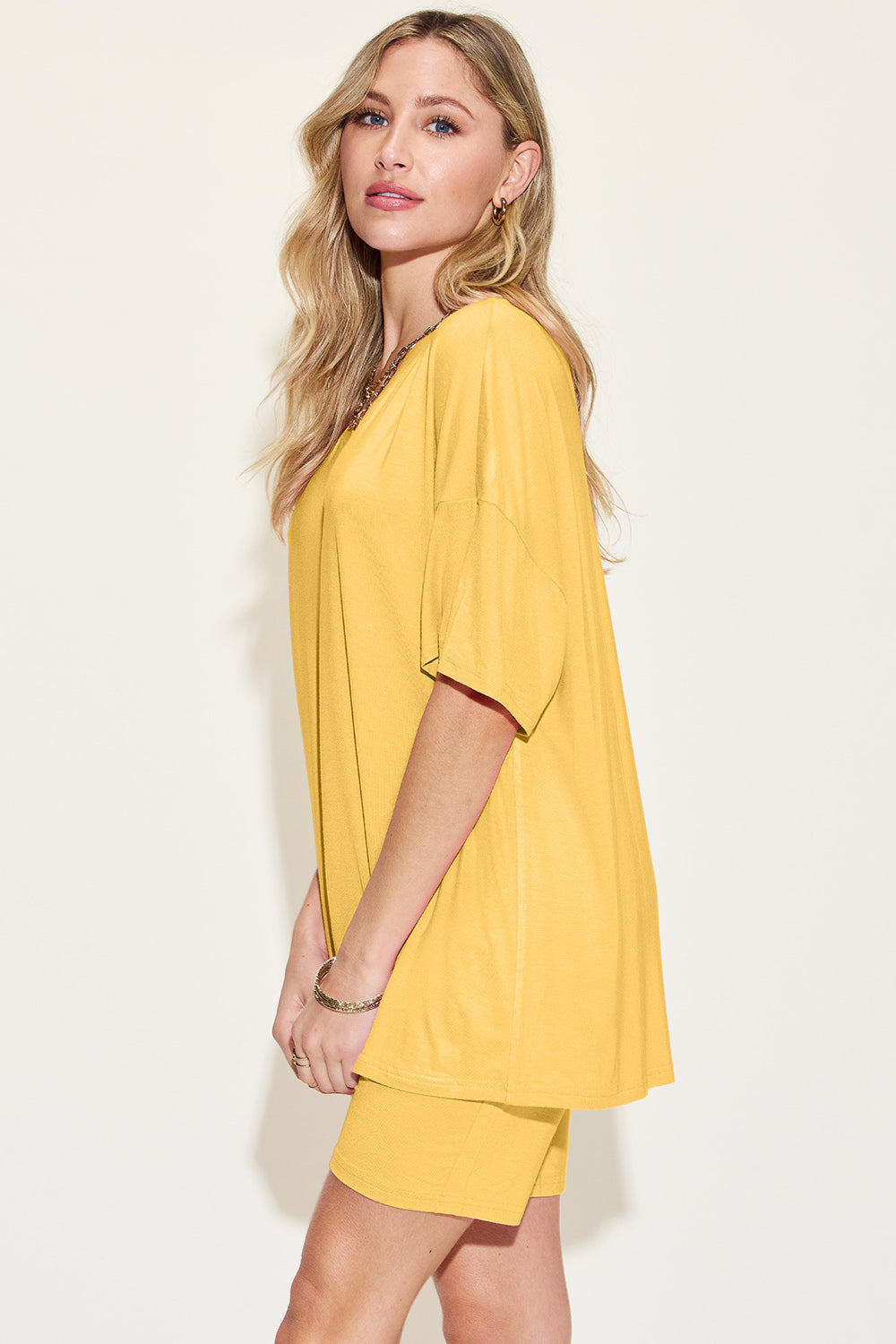 Bamboo Full Size V-Neck Drop Shoulder T-Shirt and Shorts Set