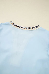 Contrast Leopard Trim Split Neck Puff Sleeve Blouse
