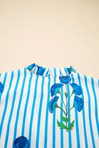 Stripe Floral Notched Neck Puff Sleeve Summer Blouse