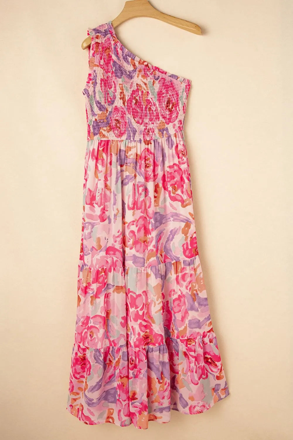 Floral Print Shirred One Shoulder Maxi Dress