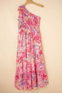 Floral Print Shirred One Shoulder Maxi Dress