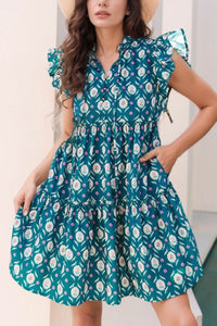 Printed Tie Neck Ruffled Cap Sleeve Dress