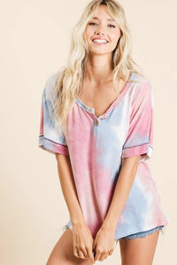 BiBi Tie Dye French Terry Top With Buttoned Placket