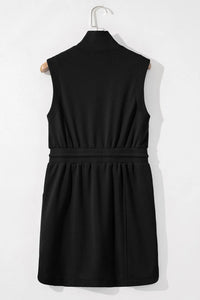 French Terry Zipped Collar Sleeveless Drawstring Waist Mini Dress
