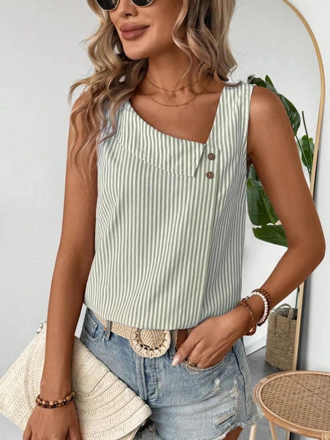 Decorative Button Asymmetrical Striped Tank