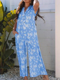 Printed Button-Front Wide Leg Jumpsuit