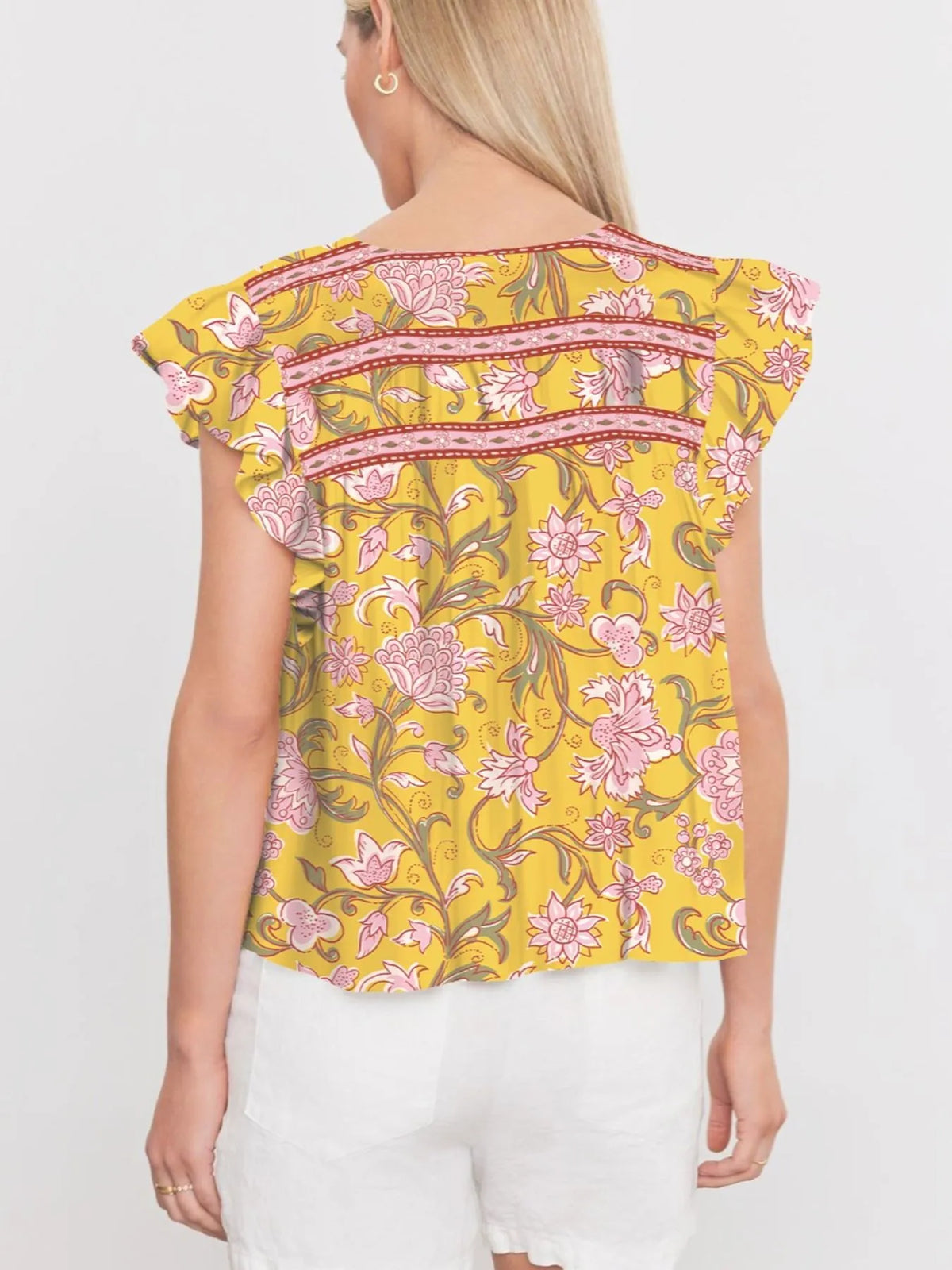 Floral Notched Neck Ruffled Sleeve Casual Blouse