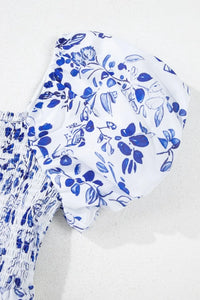 Smocked Printed Square Neck Puff Sleeve Dress