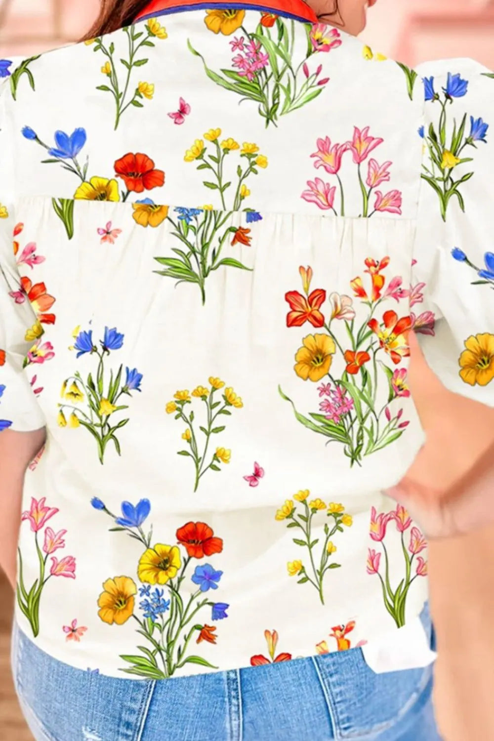 Floral Short Puff Sleeve Notched Blouse