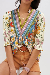 Multicolour Crochet V Neck Half Sleeve Boho Floral Blouse