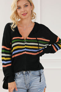 Striped Zip Up Hooded Sweater Cardigan