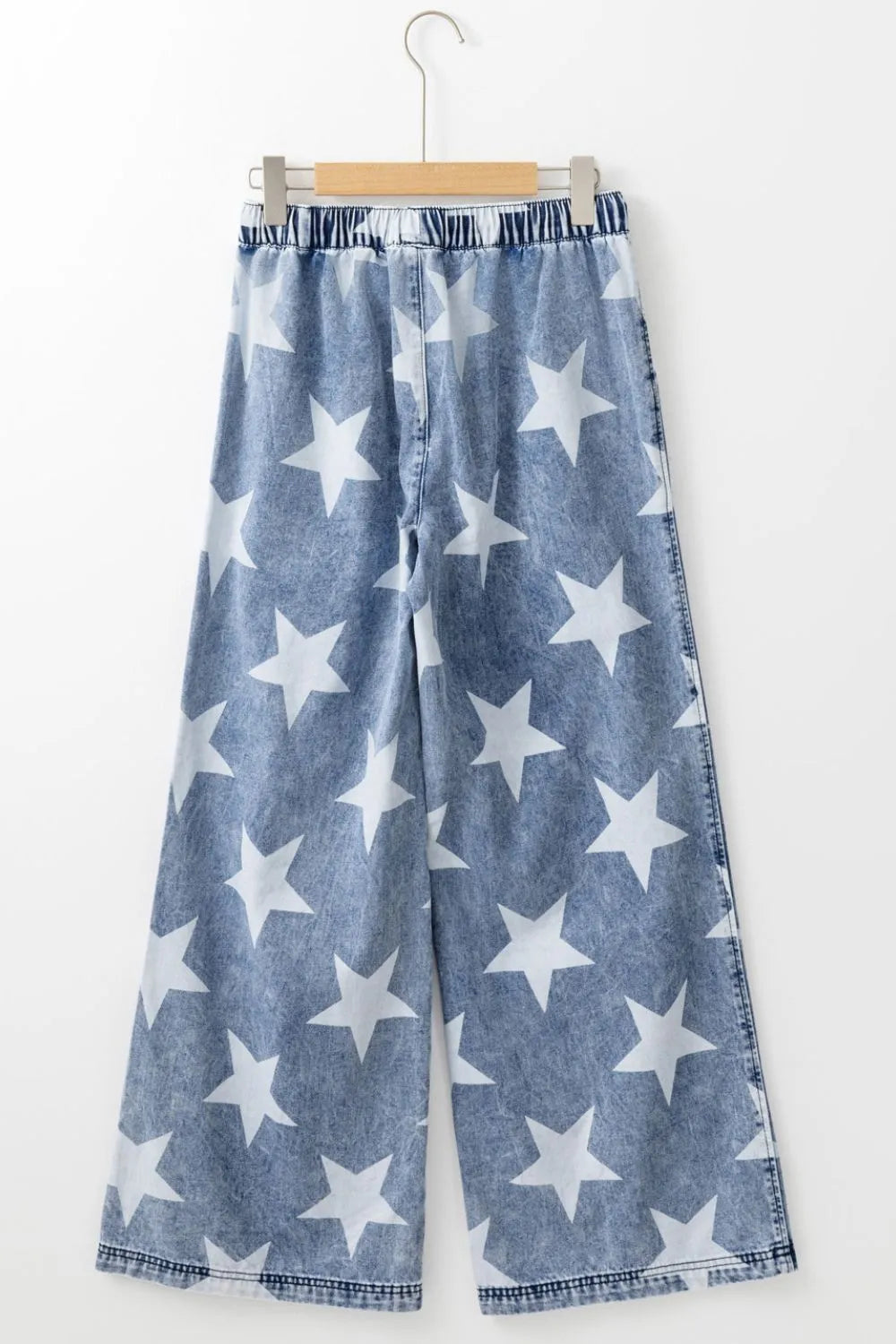 Star Print Washed Drawstring High Waist Wide Leg Jeans