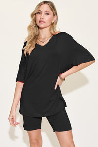 Bamboo Full Size V-Neck Drop Shoulder T-Shirt and Shorts Set