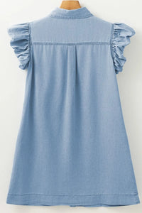 Smocked Collared Neck Cap Sleeve Denim Dress