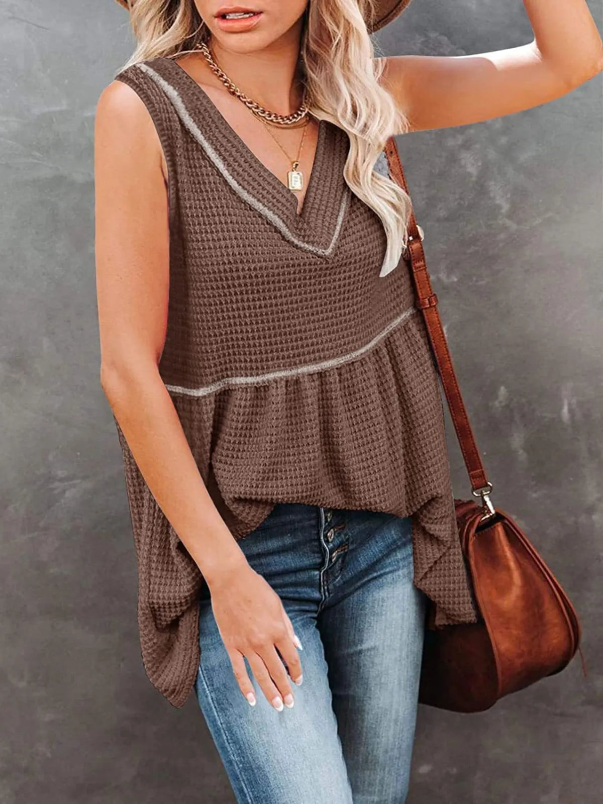 V-Neck Contrast Trim Waffle Knit Tank Top