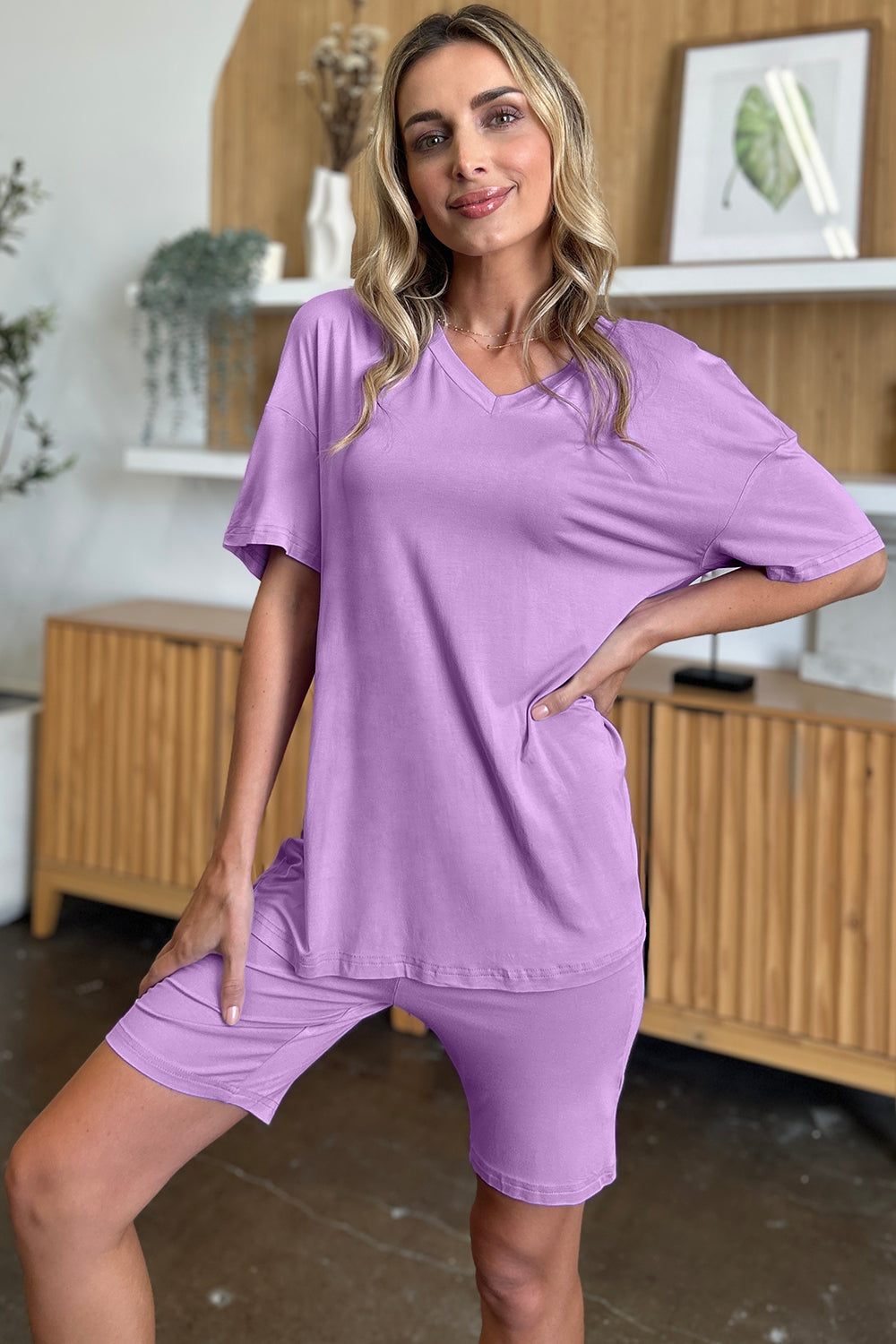 Bamboo Full Size V-Neck Drop Shoulder T-Shirt and Shorts Set