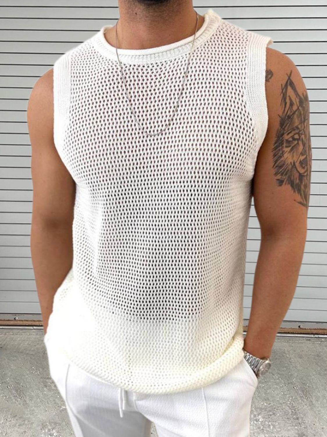 Men's Openwork Round Neck Sleeveless Knit Top