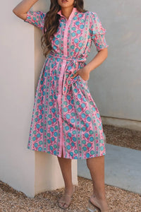 Printed Shirred Sleeve Buttoned Front Midi Dress with Sash