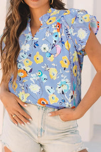 Printed Ruffle Cap Sleeve Notched Blouse