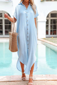 Button Down Short Sleeve Midi Shirt Dress