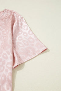 Leopard Jacquard Patchwork Crisscross V Neck Short Sleeve Blouse