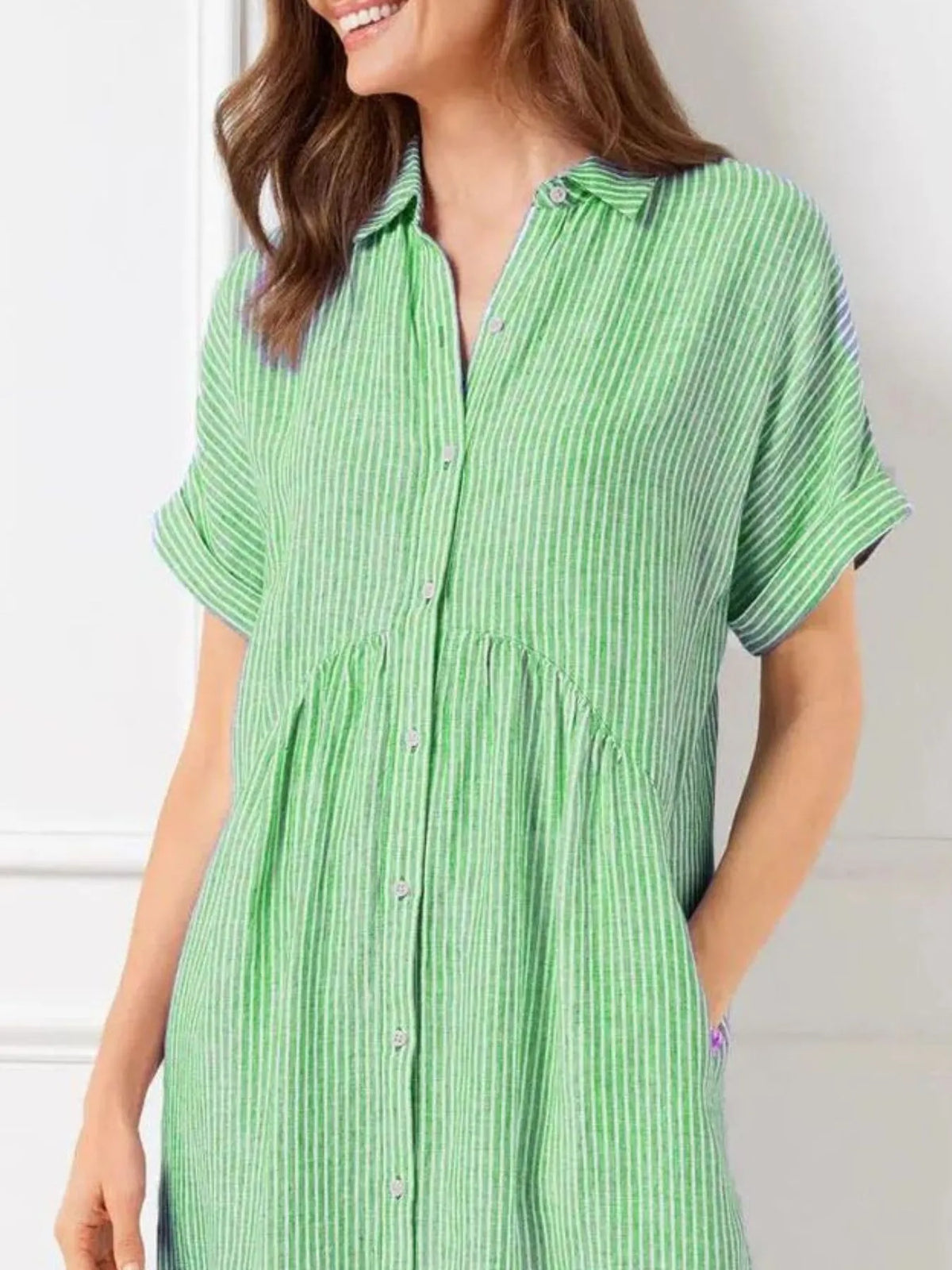 Full Size Striped Button-Front Midi Dress Plus Size