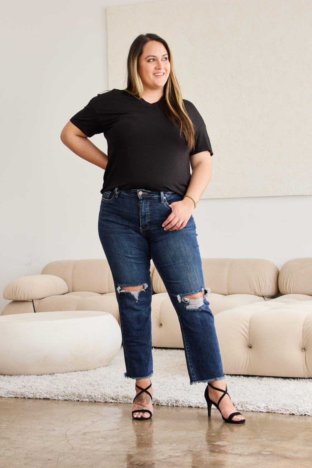Full Size Tummy Control Distressed High Waist Raw Hem Jeans Dark Potassium w/ destruct