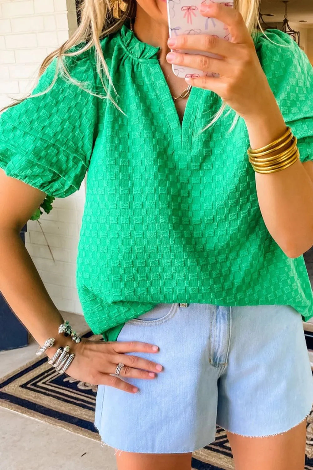 Textured Puff Short Sleeve Notched Top