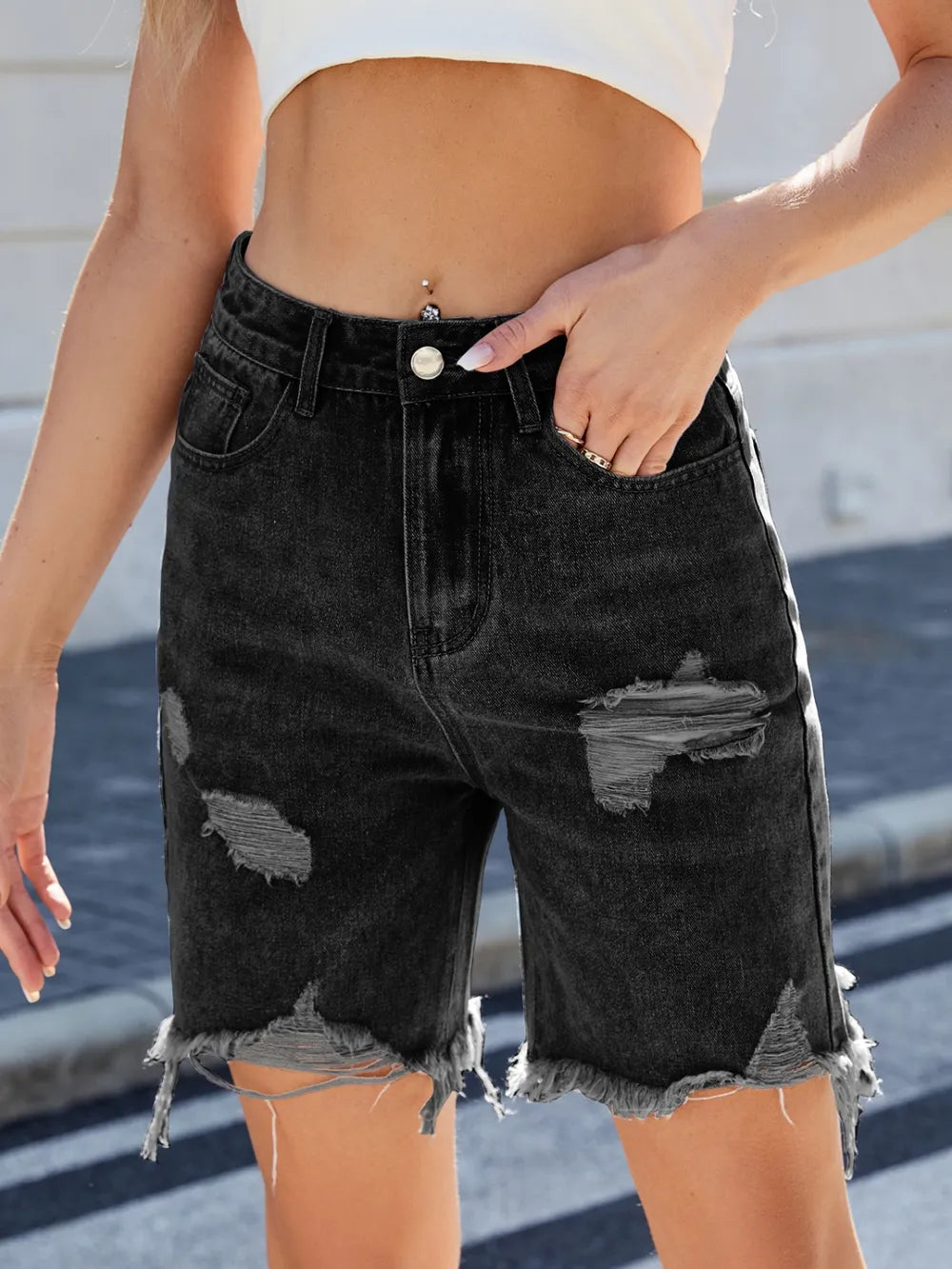 Distressed Raw Hem Denim Shorts