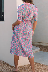 Printed Shirred Sleeve Buttoned Front Midi Dress with Sash