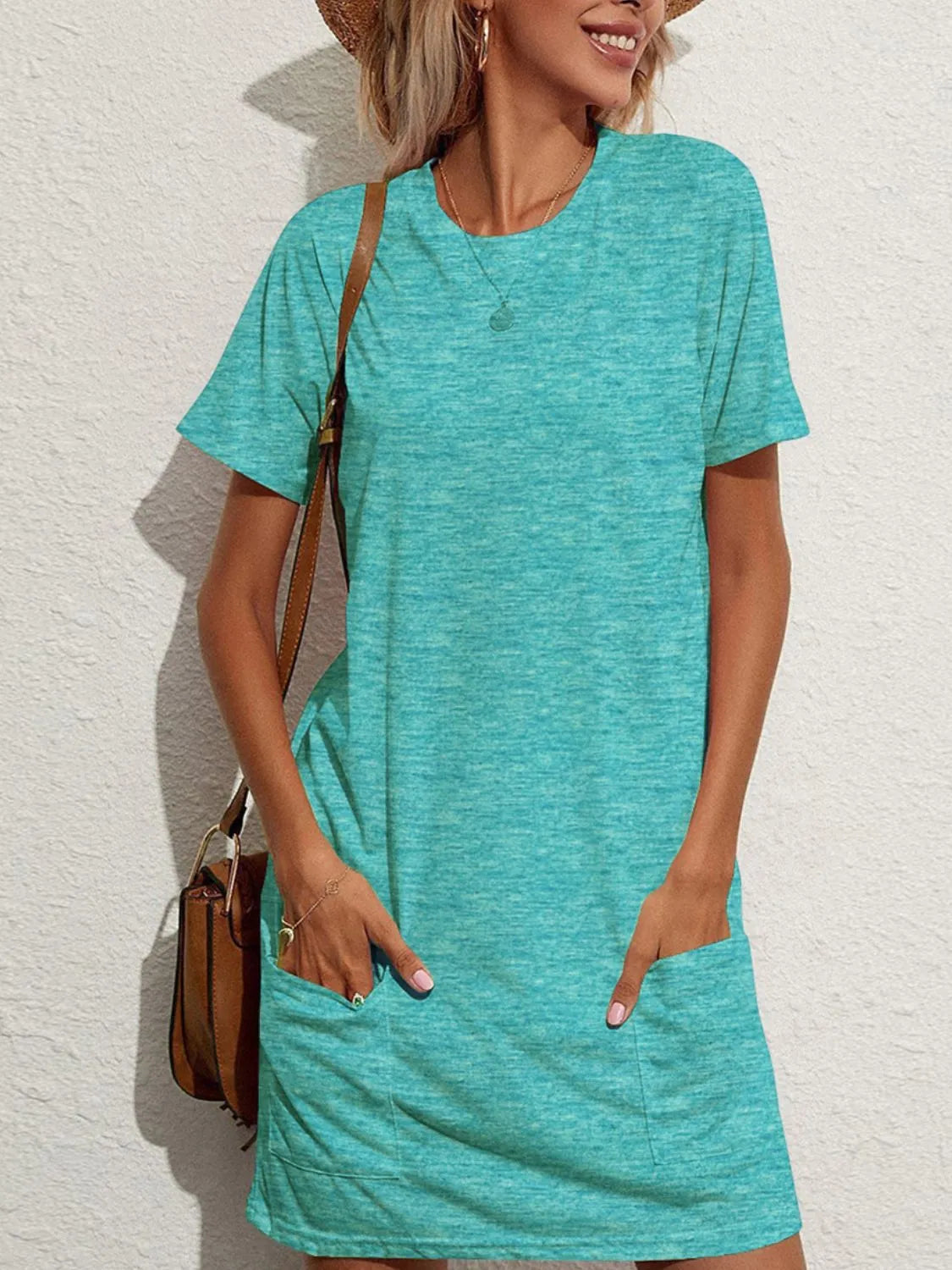 Pocketed Round Neck Short Sleeve Mini Tee Dress
