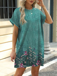 Printed Round Neck Short Sleeve Mini Dress