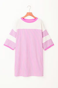Striped Round Neck Three-Quarter Sleeve Mini Dress