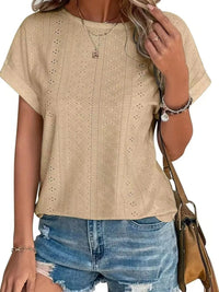 Eyelet Round Neck Short Sleeve T-Shirt